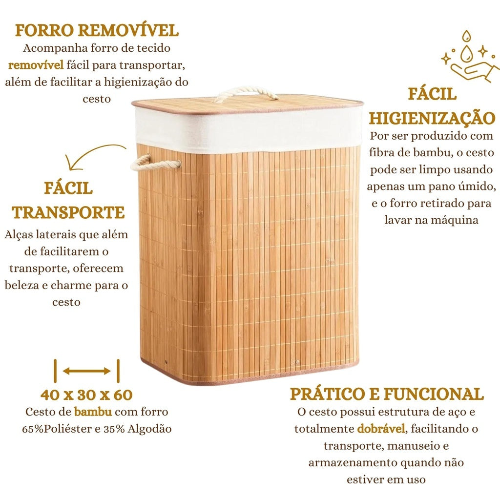 Cesto de Roupas Bambu OrganizeHome